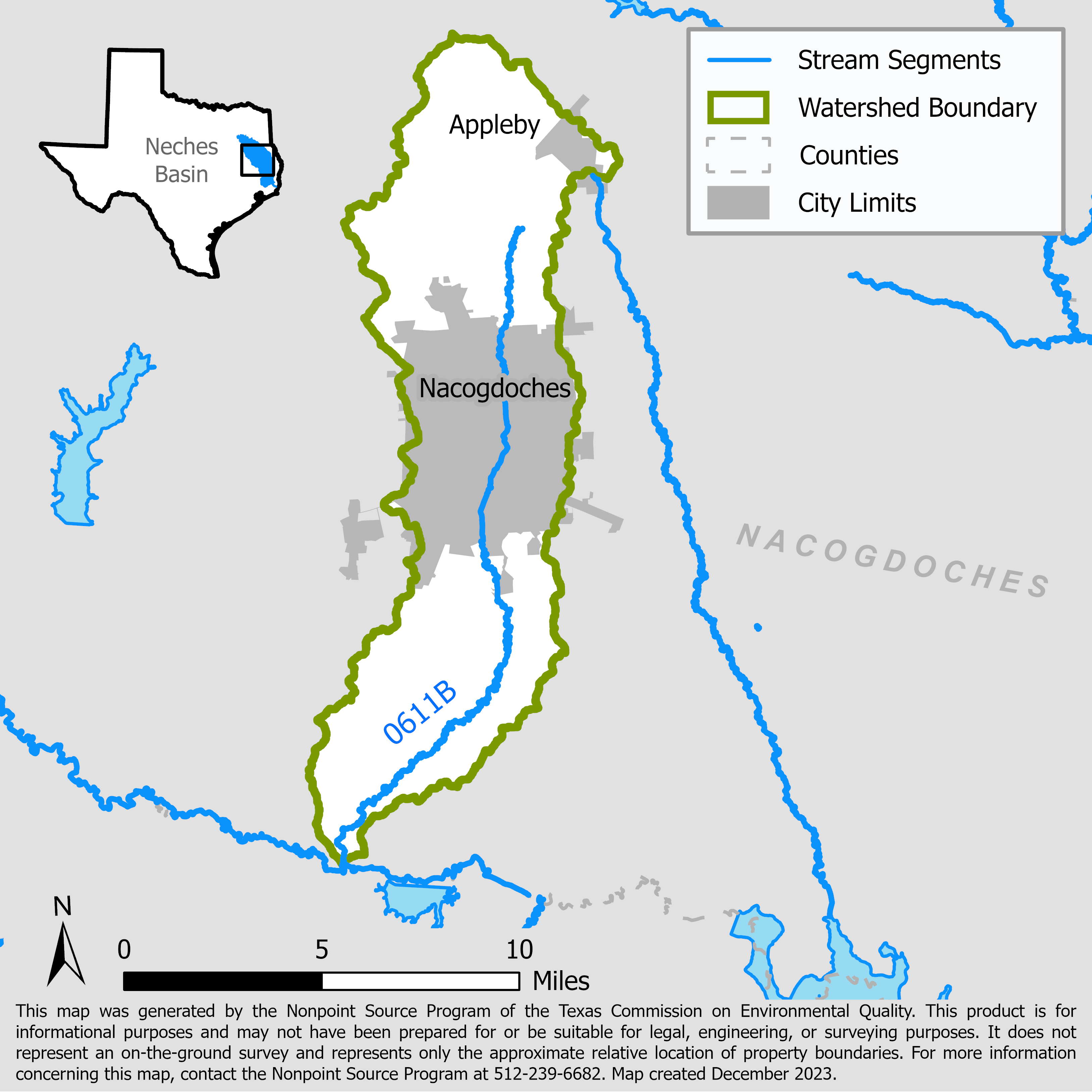 Map of the La Nana Bayou watershed with stream segments.