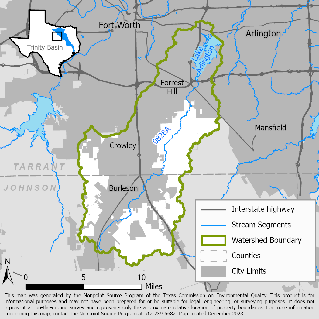 Map of the Lake Arlington and Village Creek watershed with stream segments.