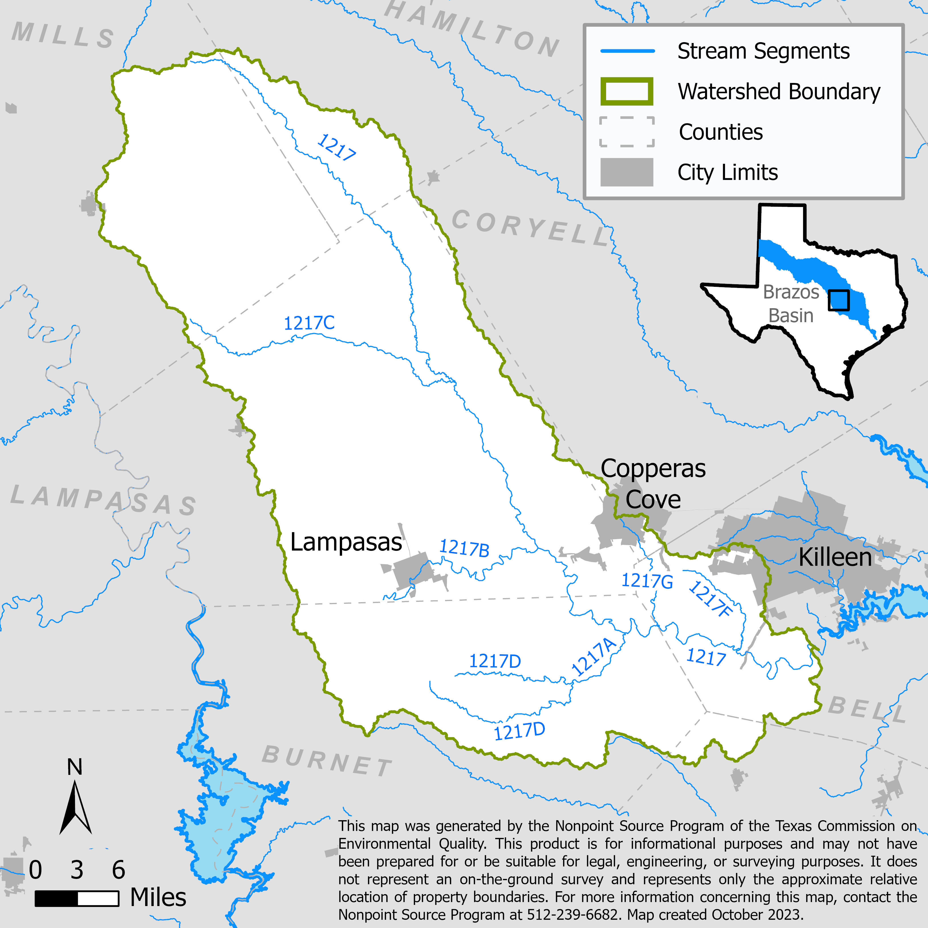 Map of the Lampasas River watershed with stream segments.