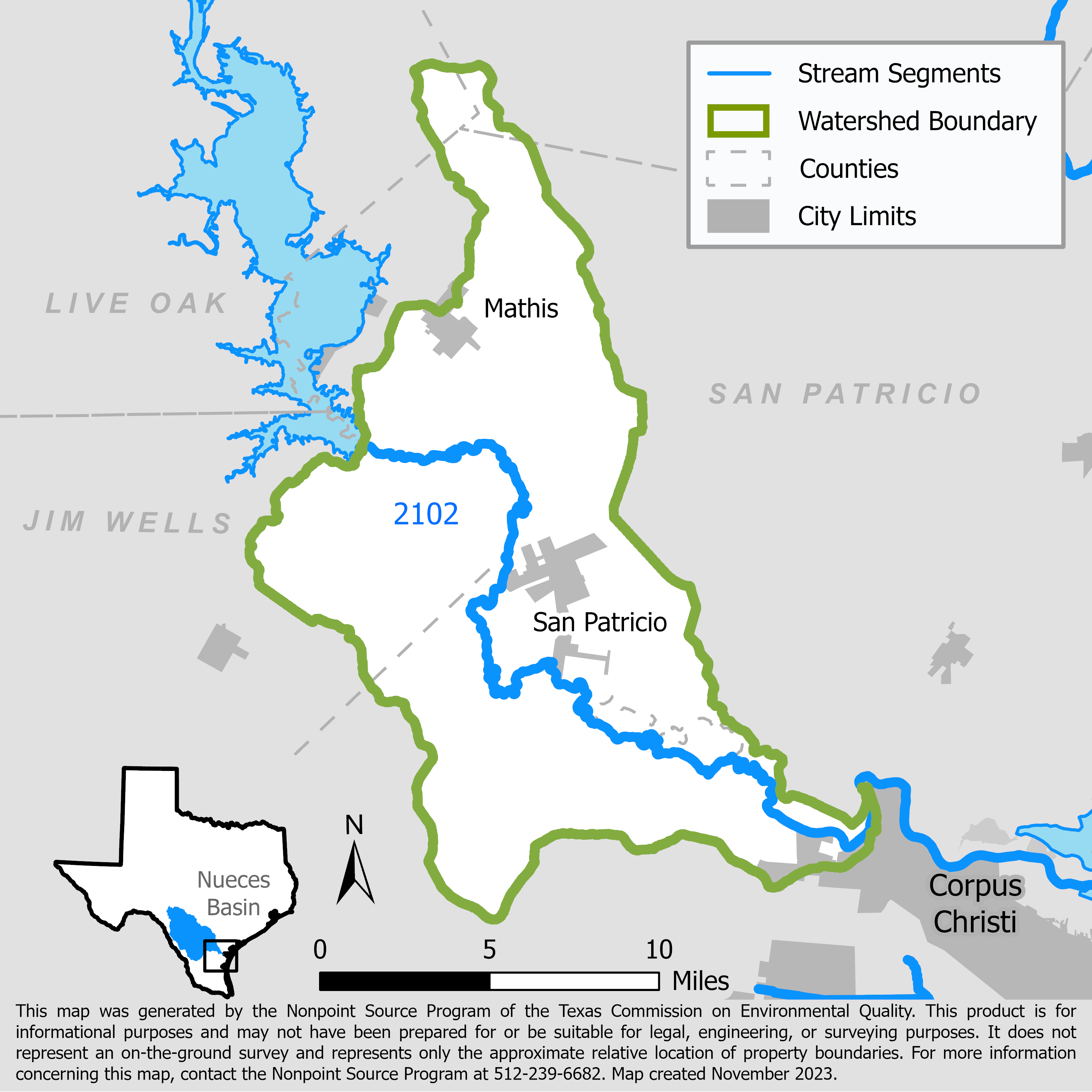 Map of the Lower Nueces watershed with stream segments.