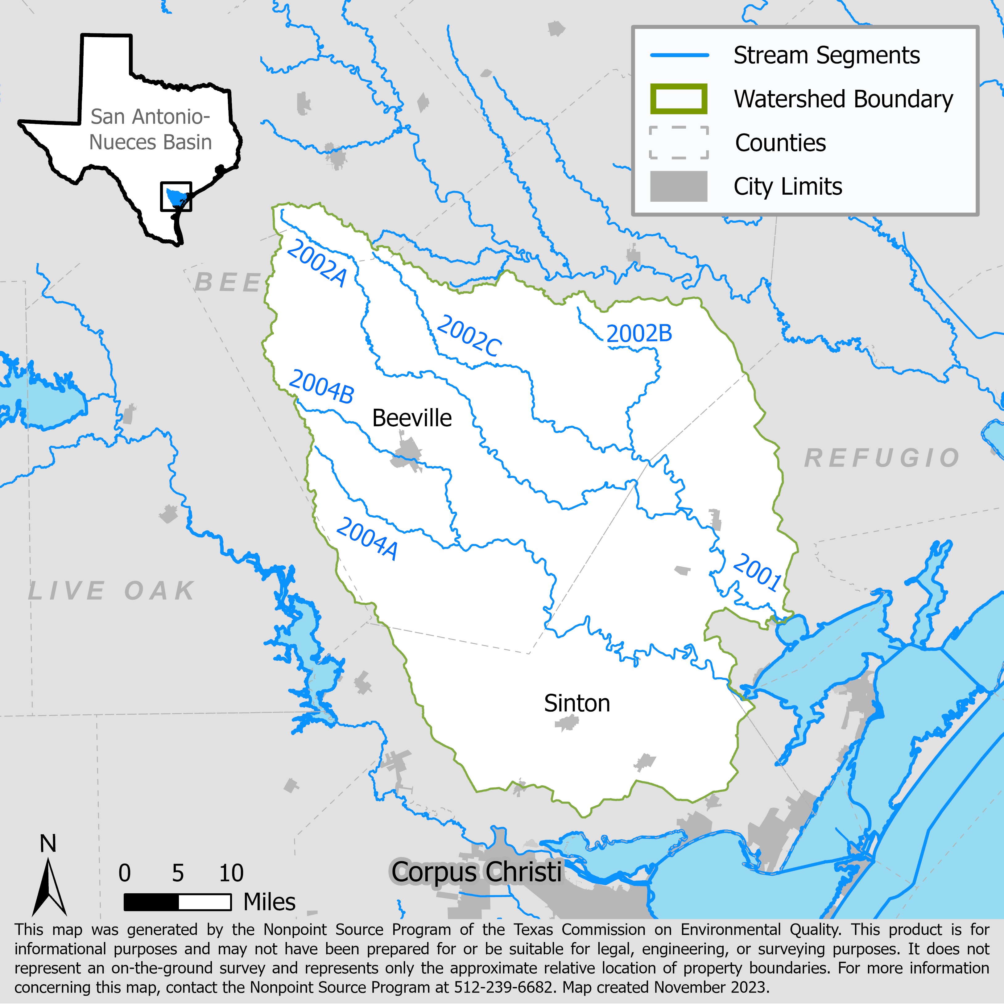 Map of the Mission and Aransas Rivers watershed with stream segments