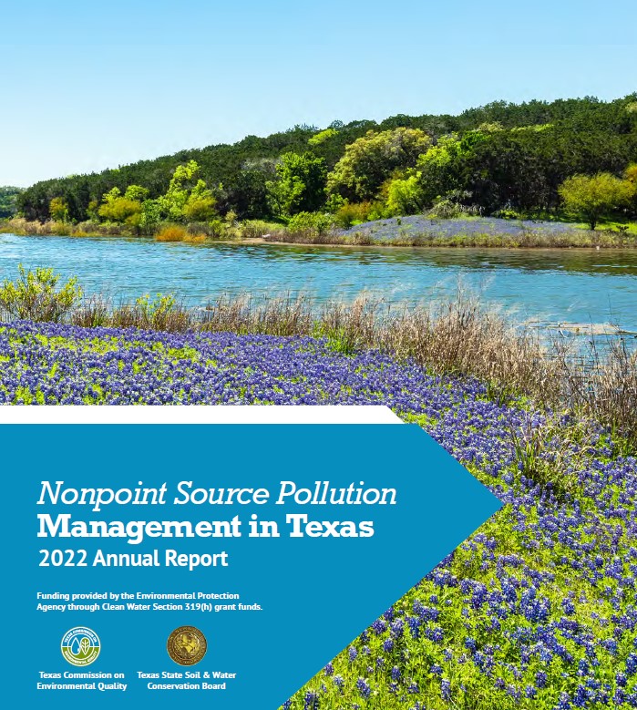 Cover page of the 2022 Texas Nonpoint Source Program Annual Report. Image is a stream and bluebonnets with TCEQ and TSSWCB logos.