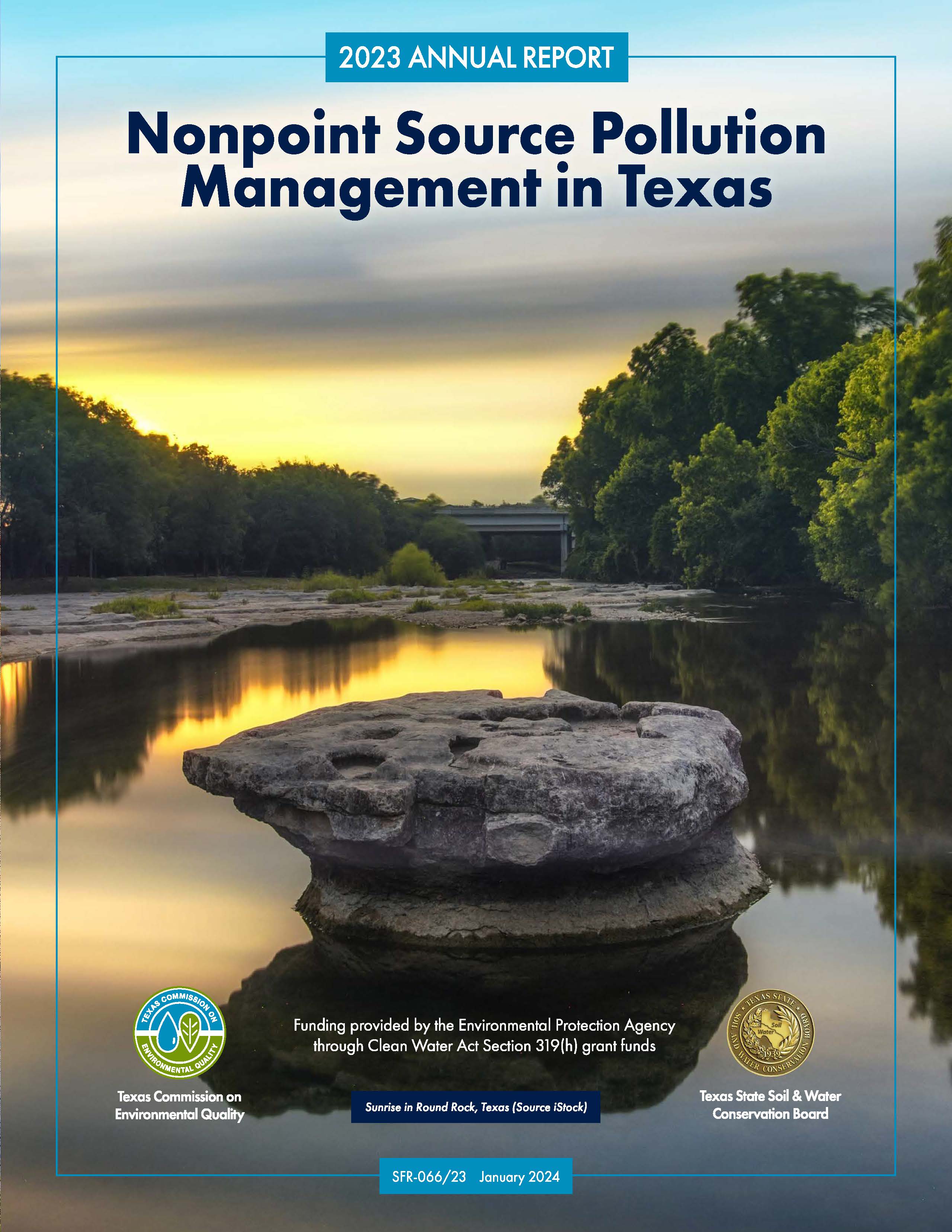 Cover of the Nonpoint Source Program's annual report with an image of a rock in the middle of a stream.