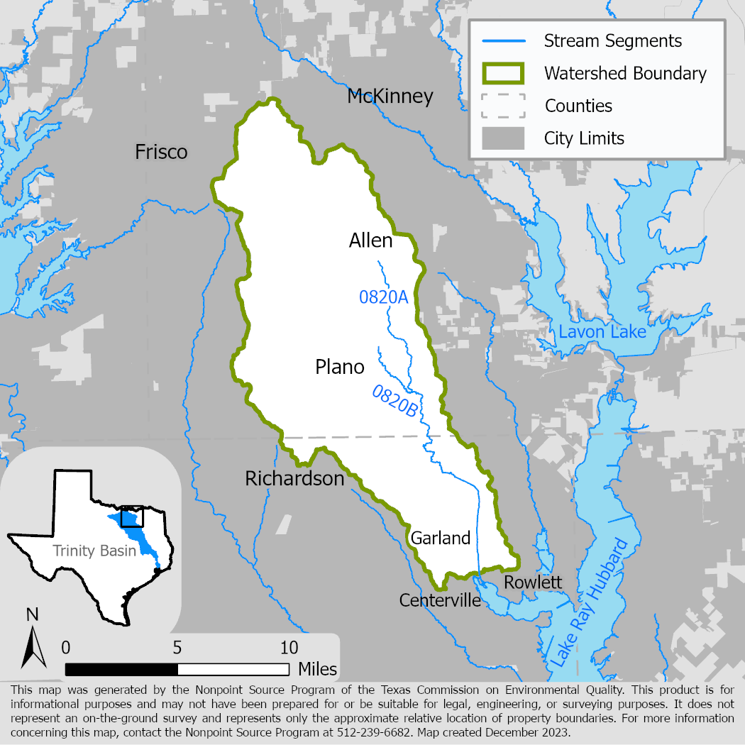Map of the Rowlett Creek watershed with stream segments