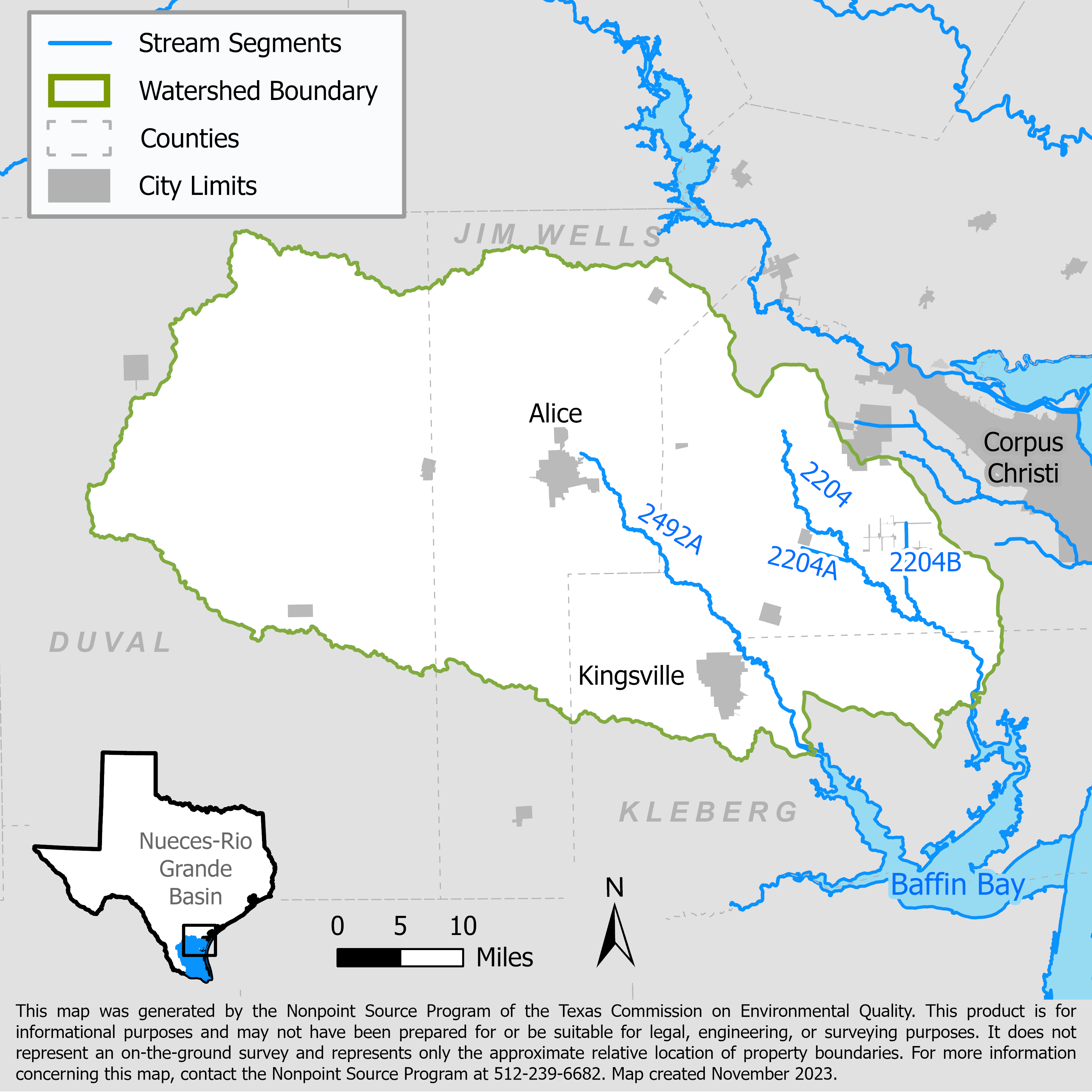 Map of the San Fernando and Petronilla Creeks watershed showing stream segments.