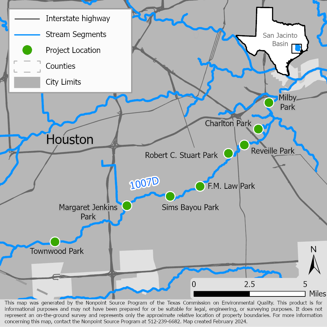 Map of the Sims Bayou watershed with stream segments.