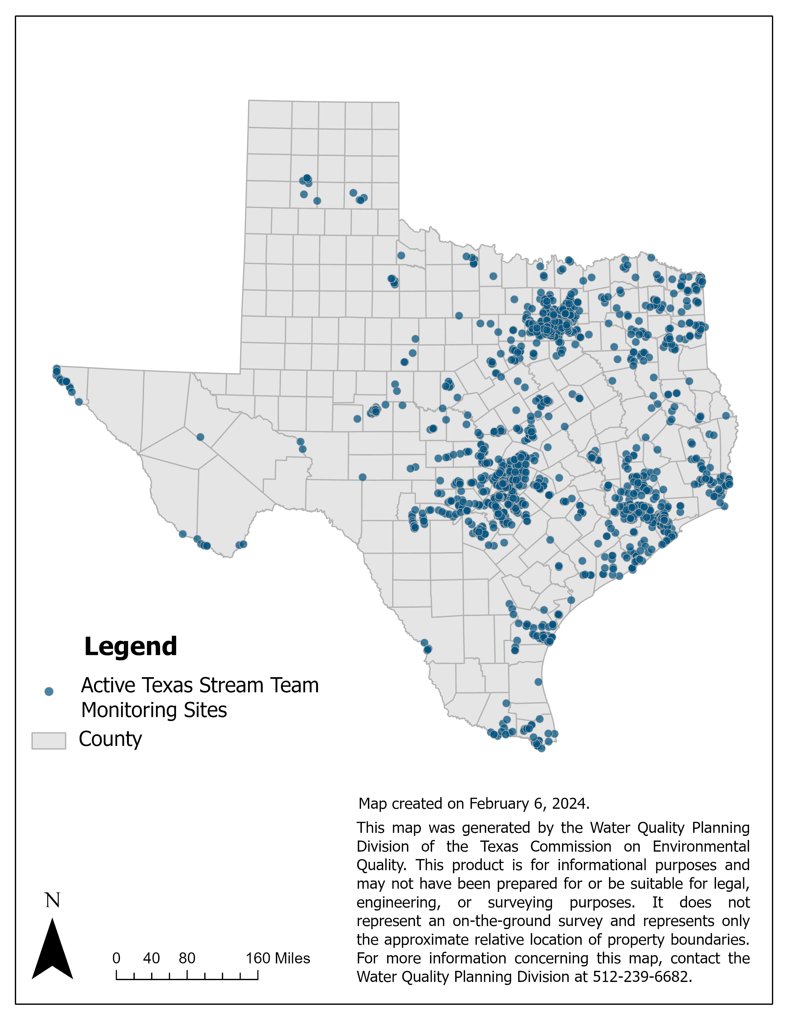 Map of Texas with points where Texas Stream Team has monitoring locations.