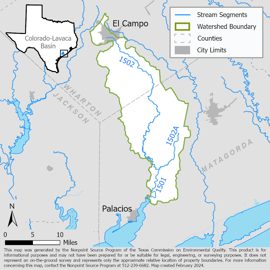 Map of the Tres Palacios Creek watershed with stream segments.