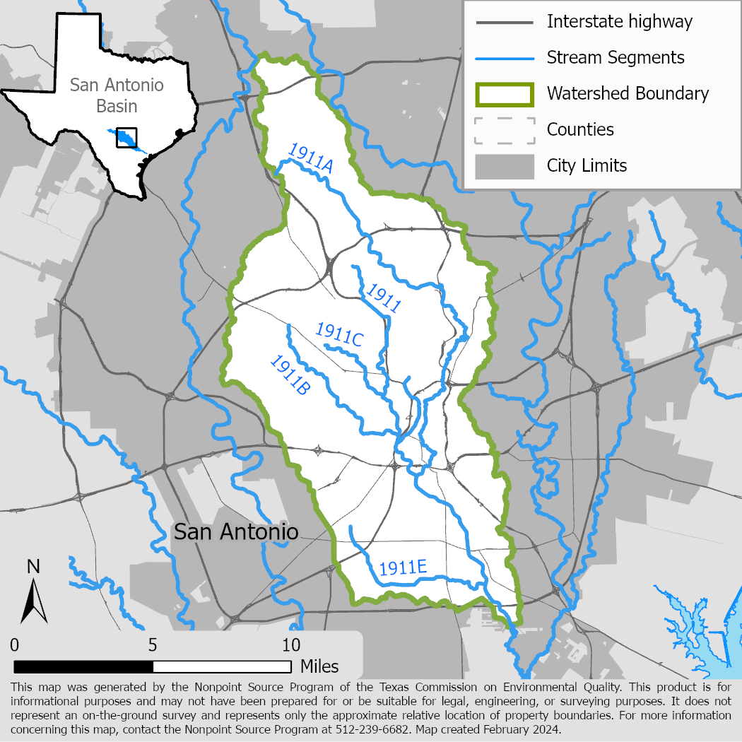 Map of the Upper San Antonio River watershed with stream segments.
