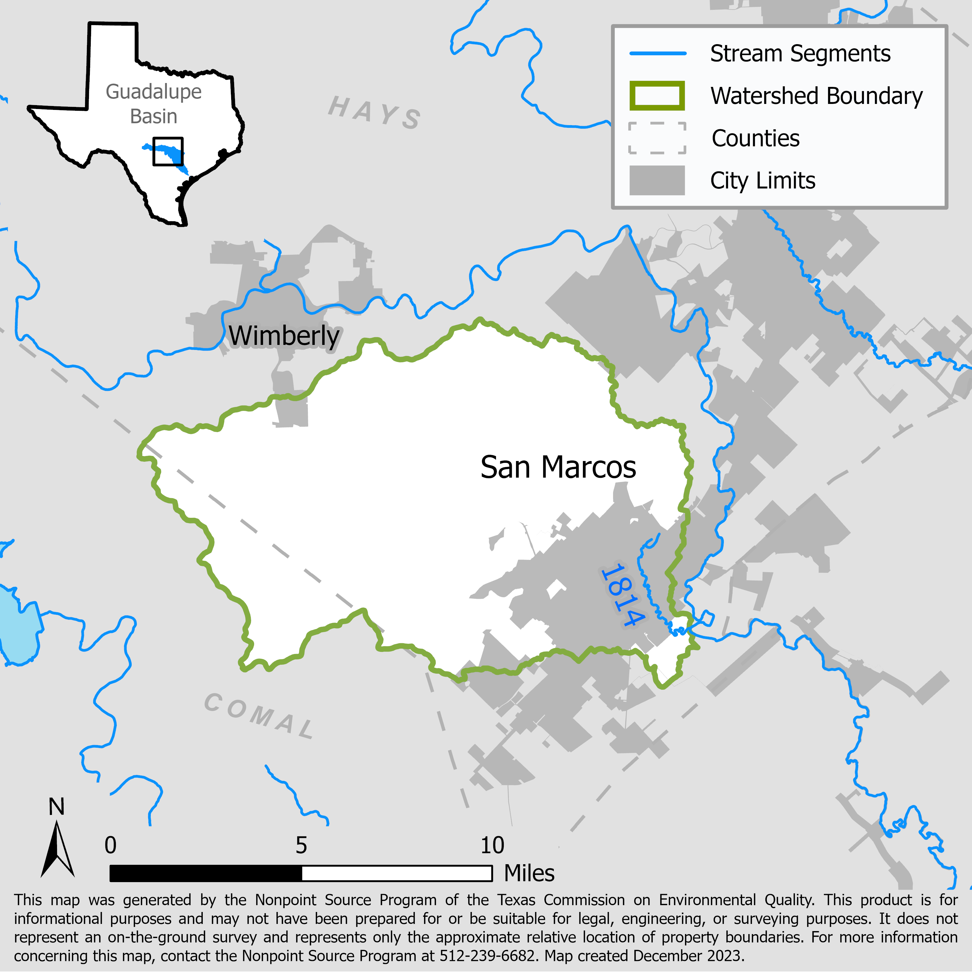 Map of the Upper San Marcos River watershed with stream segments