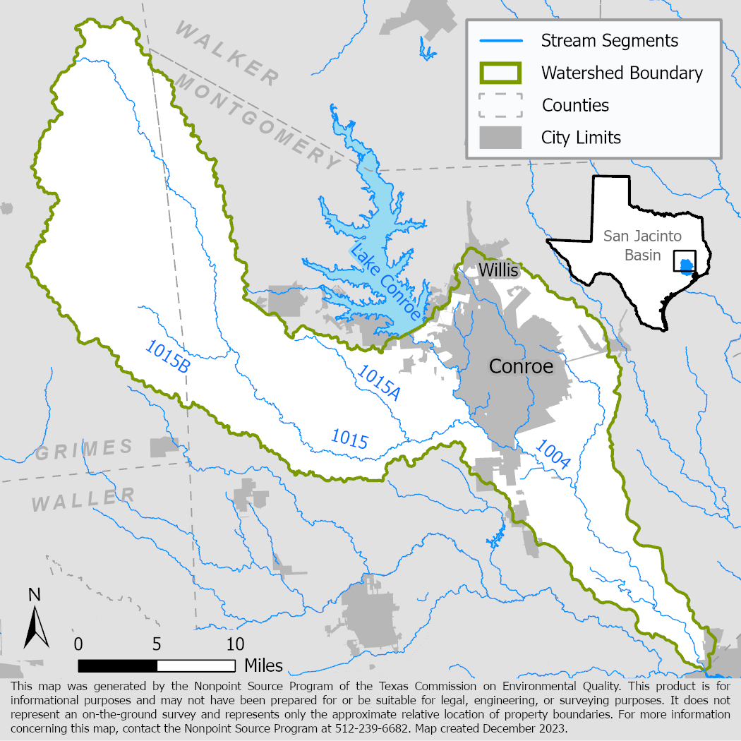 Map of the West Fork San Jacinto River and Lake Creek watershed with stream segments.