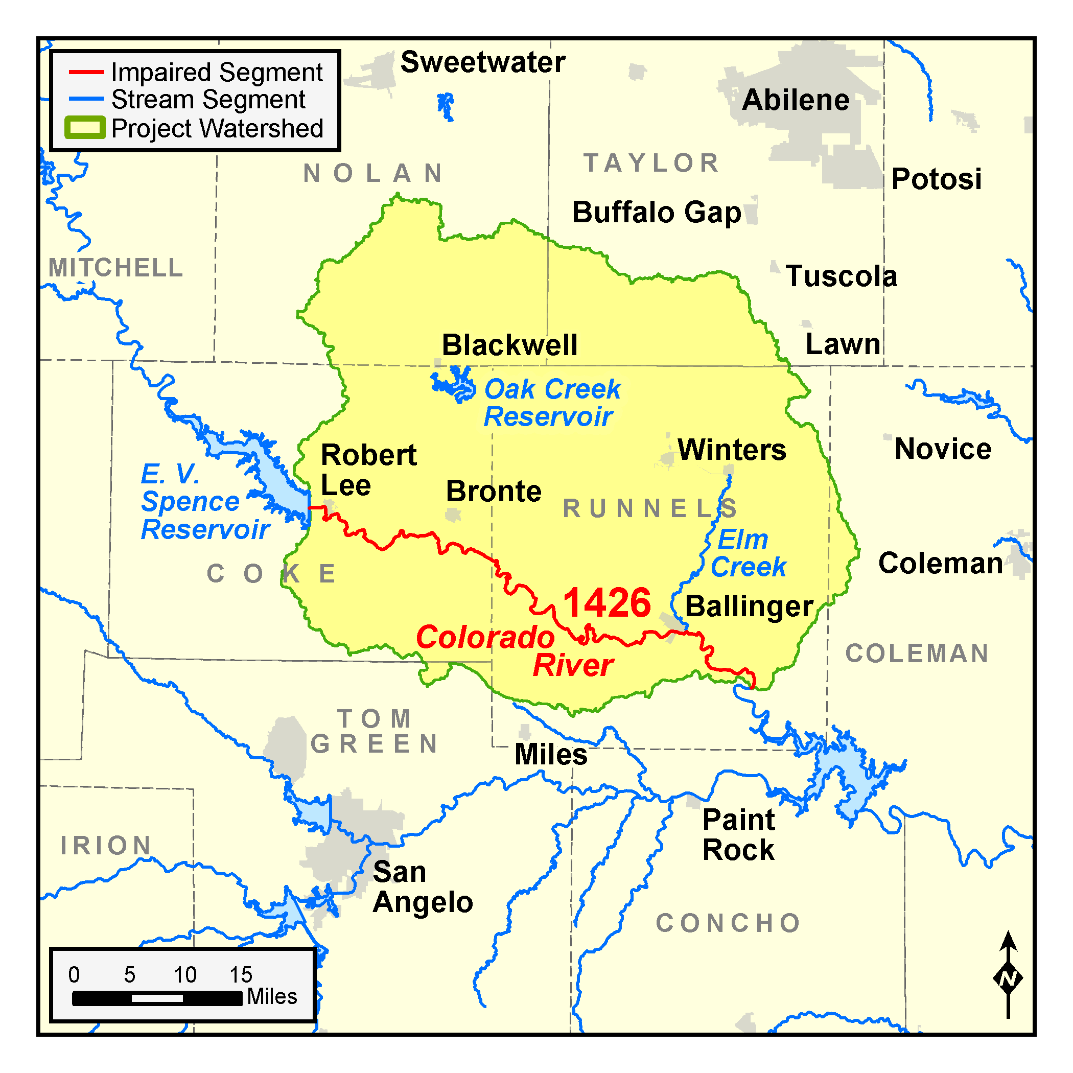 map of the Colorado River Below E.V. Spence Reservoir TMDL watershed