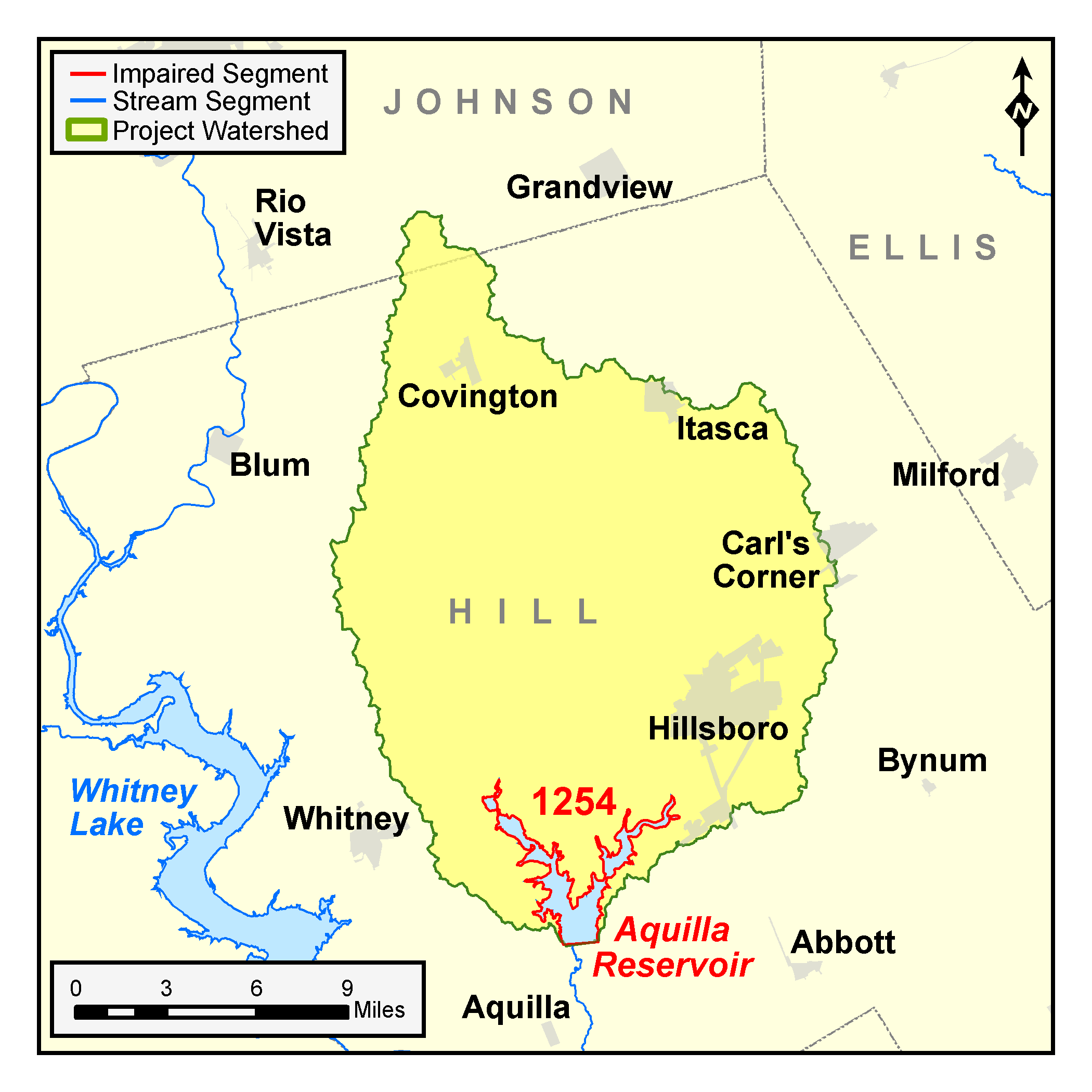 map of the Aquilla Reservoir TMDL watershed