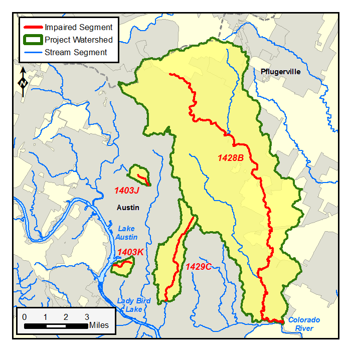 map of the Austin Streams TMDL watersheda