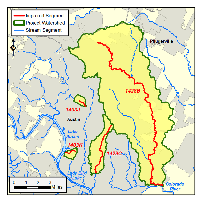 Austin Streams TMDL Watersheds map 101 map of the Austin Streams TMDL watersheda