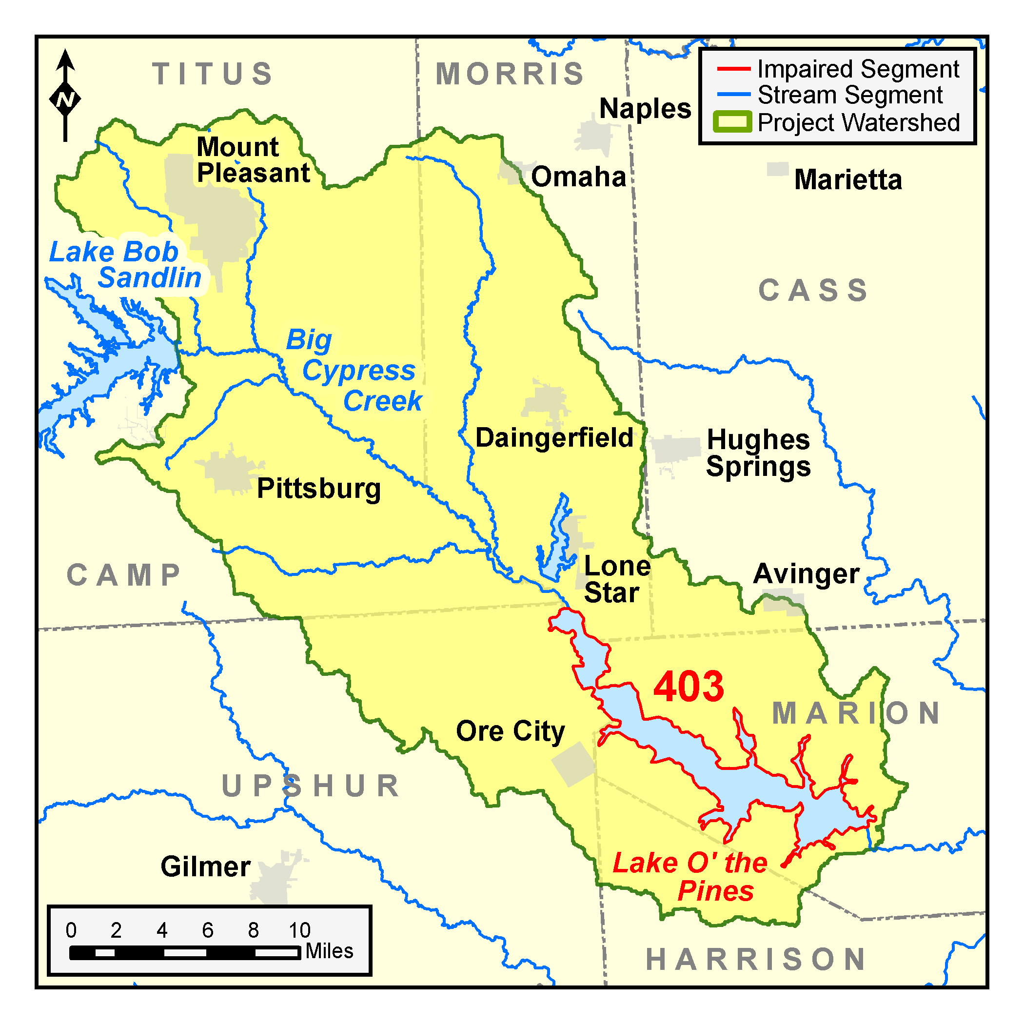 map of the Lake O' the Pines TMDL watershed