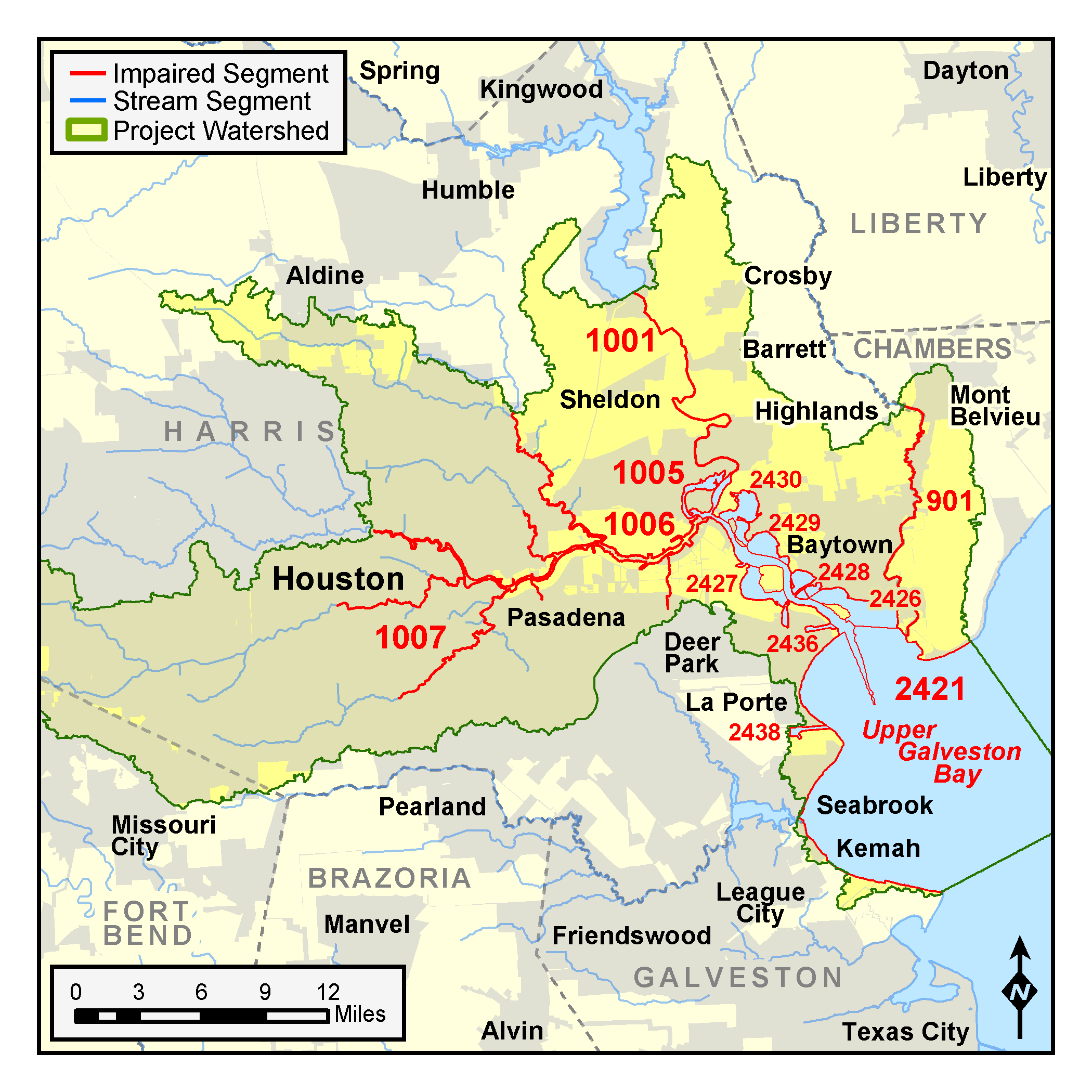 map of the segments assessed for dioxin contamination in the Houston Ship Channel and Galveston Bay