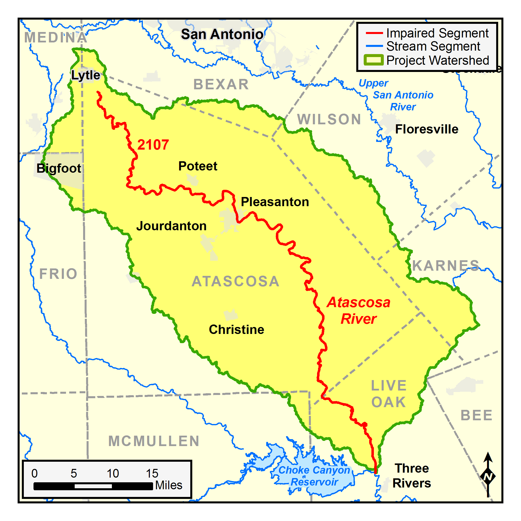 map of the Atascosa River Segment 2107 watershed