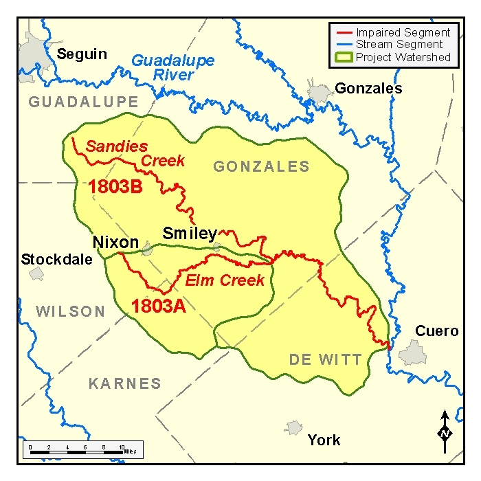 map of the Elm Creek and Sandies Creek TMDL watersheds