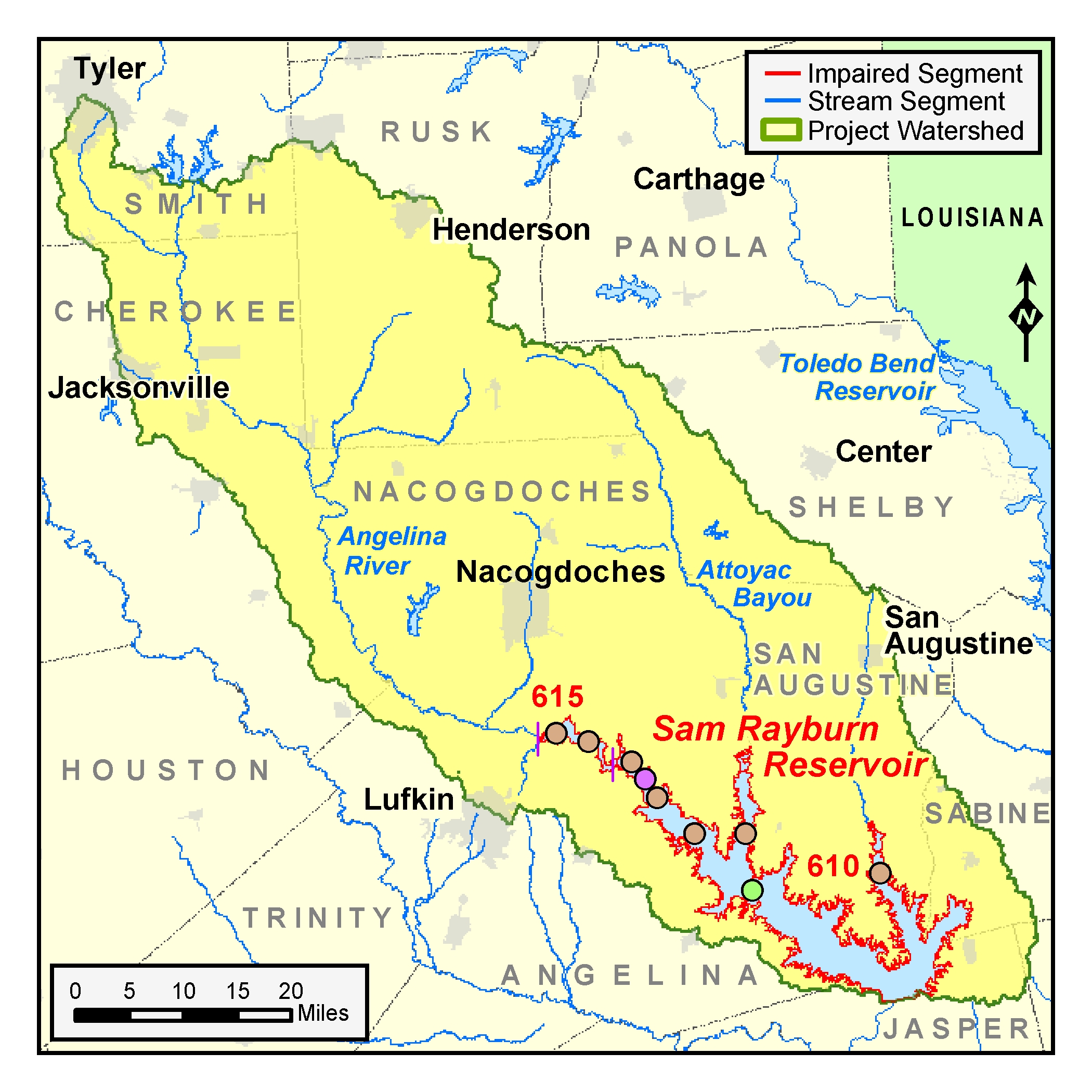 map of the Sam Rayburn Reservoir watershed