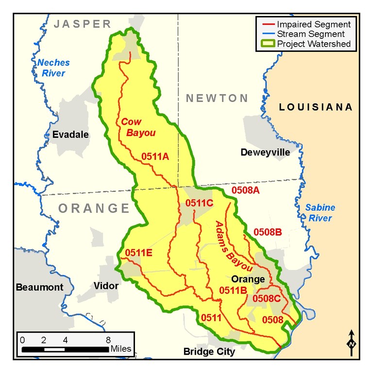 Adams and Cow Bayous TMDL watersheds map