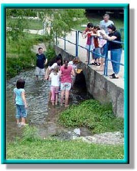 photo of children wading in Gilleland Creek from a bridge